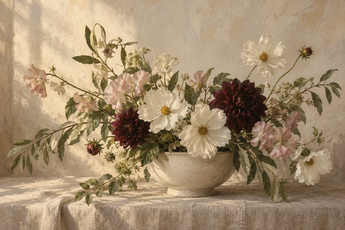 A painting of blush and ivory wedding flowers