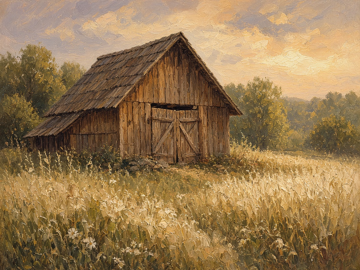 A painting of a timber barn and meadow