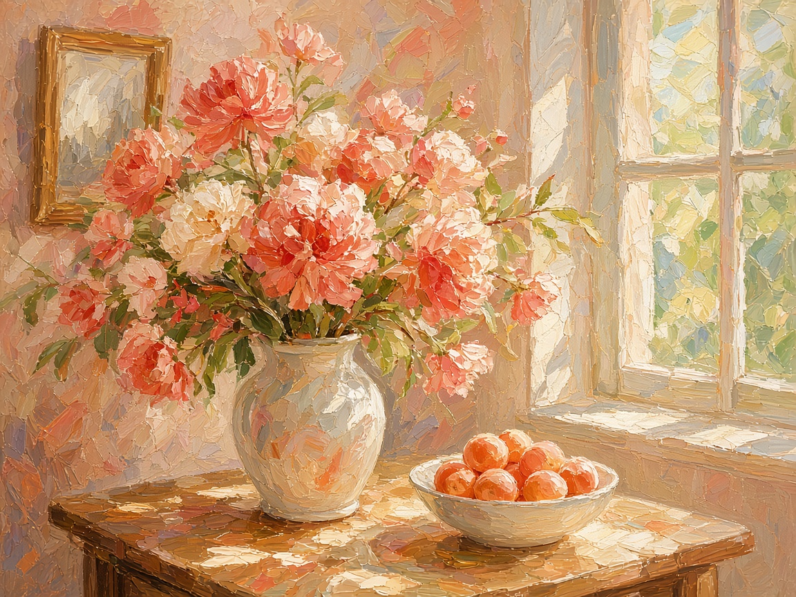 A painting of coral and peach blossoms