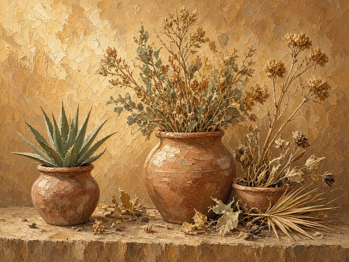 A painting of dry botanicals in warm light