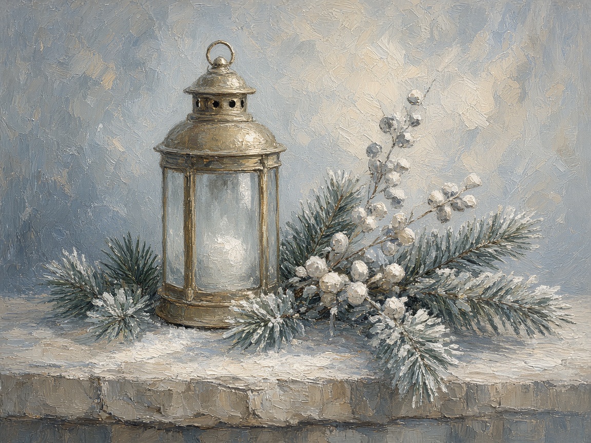 A painting of winter branches and lantern light