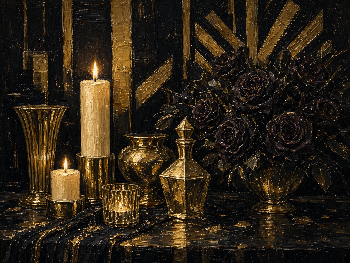 A painting of candles and gold vessels