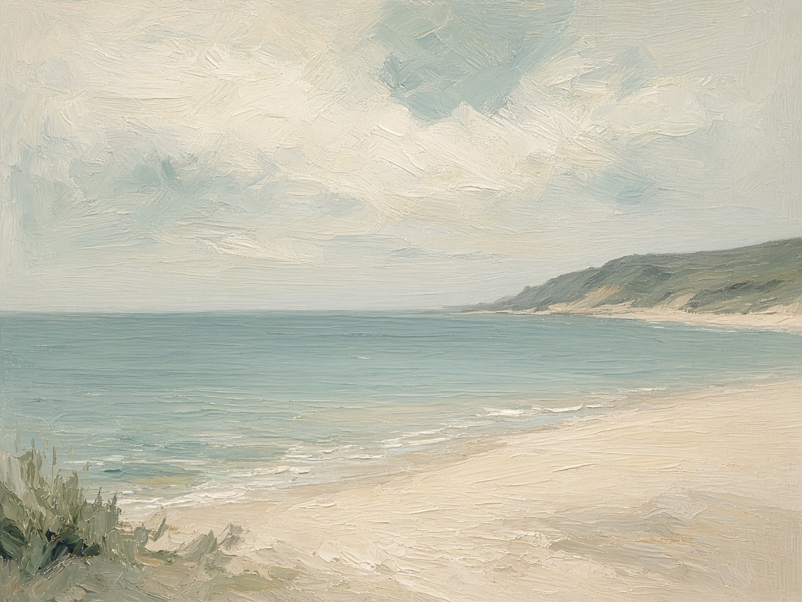 A painting of a pale coastal horizon
