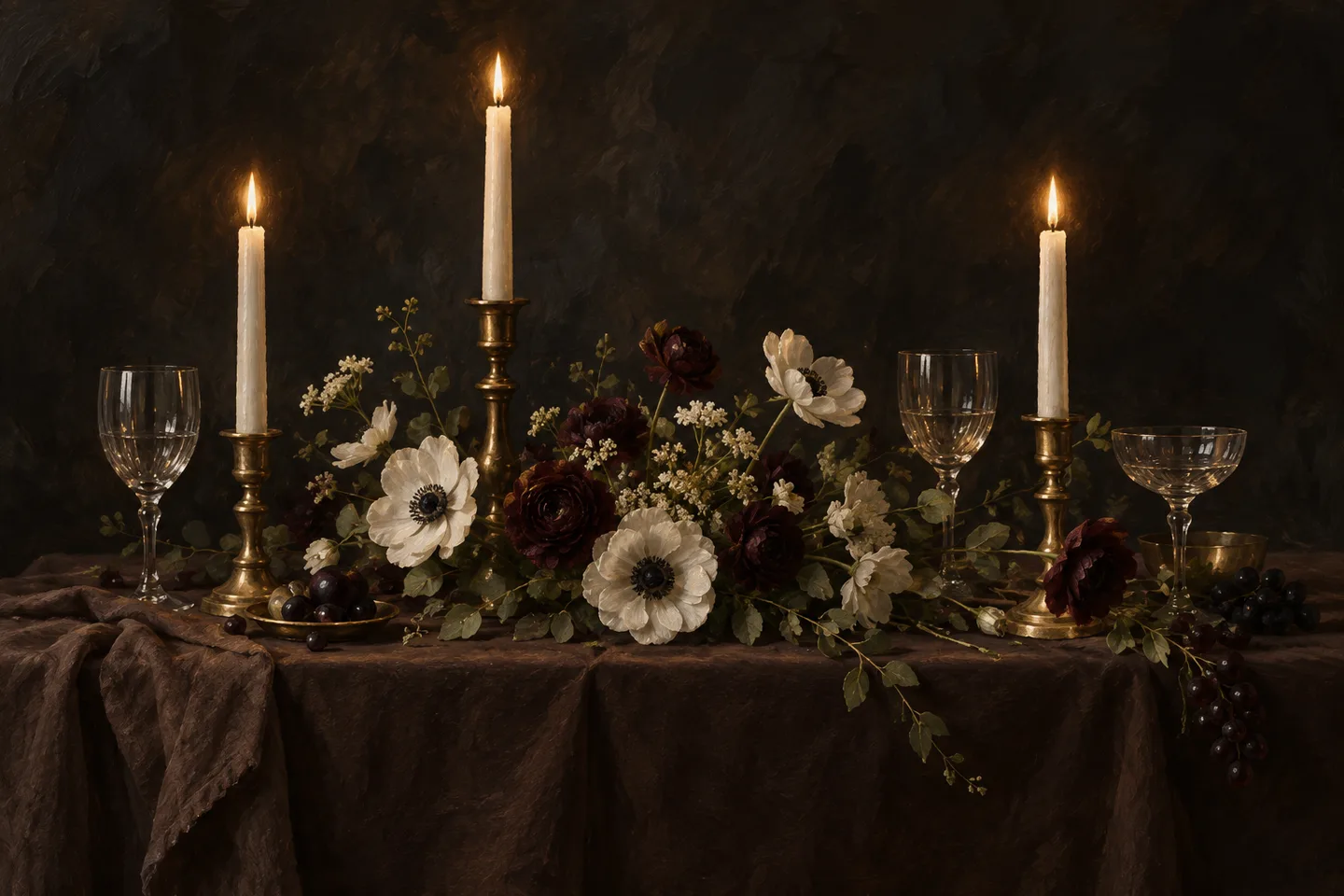 A painting of flowers and candlelight