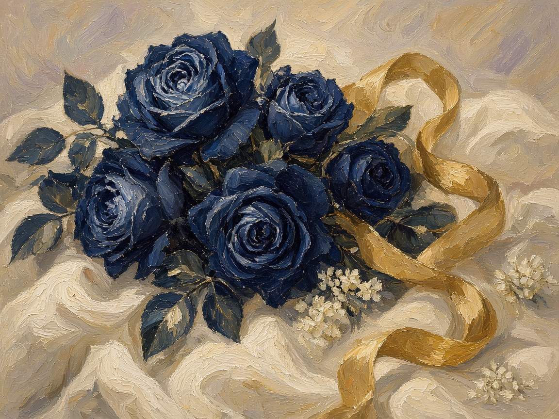 A painting of dark roses and gold ribbon
