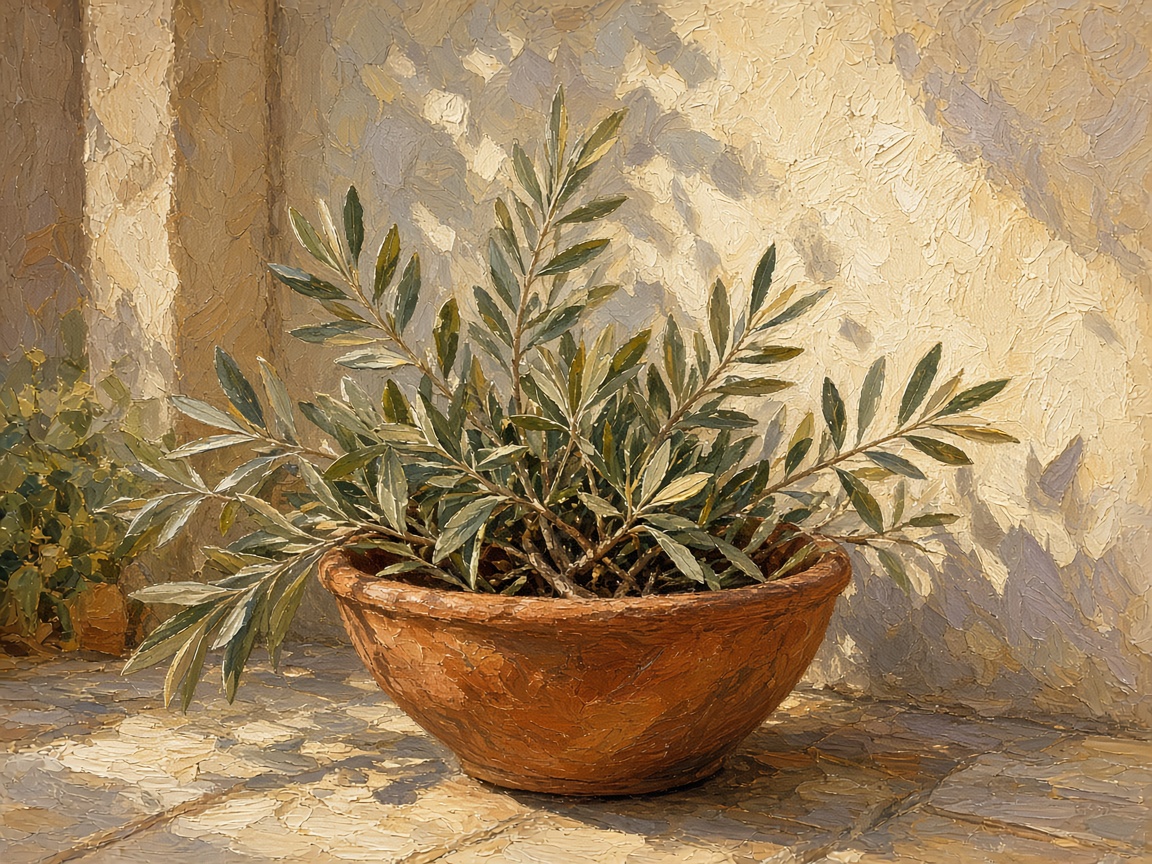 A painting of olive branches and terracotta