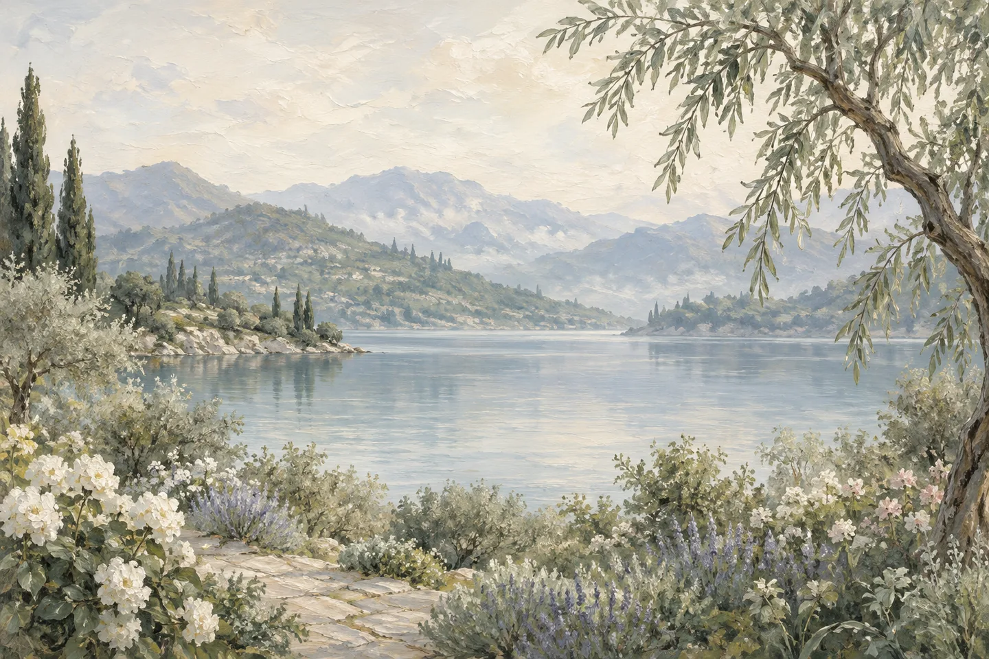 A painting of an imagined lakeside garden