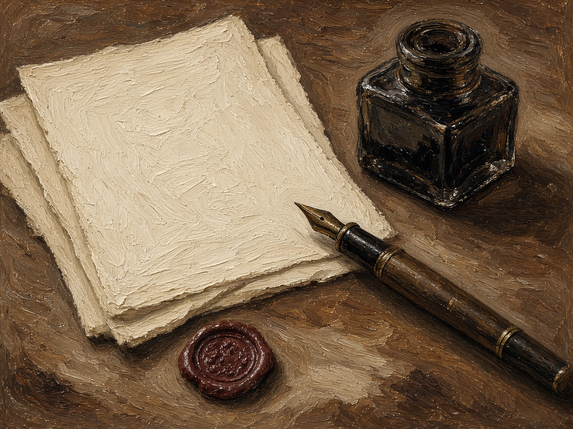 A painting of ink, paper and a wax seal